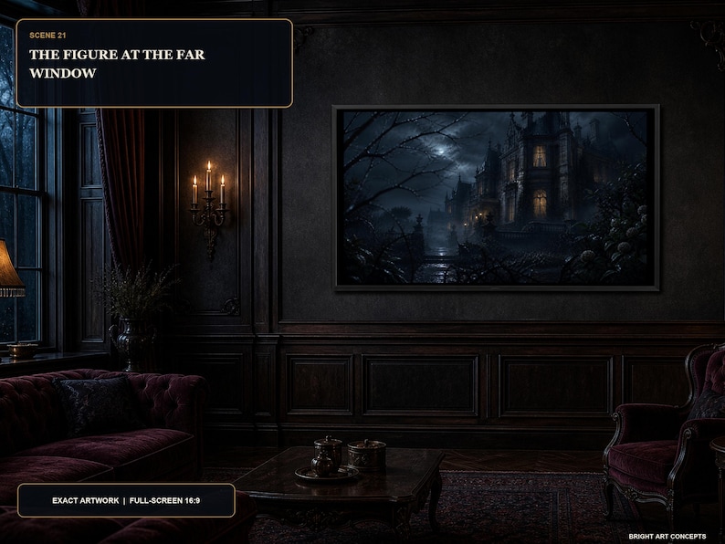 May include: A framed wall art print titled SCENE 21 THE FIGURE AT THE FAR WINDOW, featuring a dark, moonlit landscape with a large, multi-story mansion under a cloudy night sky. The artwork is displayed in a room with dark wood paneling and furniture.