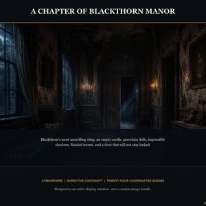 May include: A digital art print titled A CHAPTER OF BLACKTHORN MANOR featuring a dark, ornate room with floral wallpaper, tall windows, wall sconces, and a framed portrait. Text describes an empty cradle, porcelain dolls, and flooded rooms.