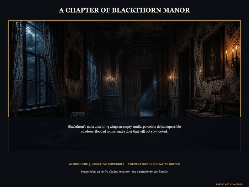May include: A digital art print titled A CHAPTER OF BLACKTHORN MANOR featuring a dark, ornate room with floral wallpaper, tall windows, wall sconces, and a framed portrait. Text describes an empty cradle, porcelain dolls, and flooded rooms.