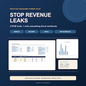 May include: A Practice Manager Power Pack digital product display featuring the text STOP REVENUE LEAKS and 4 RCM tools. The graphic shows an auto-calculating Excel workbook with a Denial Dashboard, monthly volume charts, 7 tabs, 4 charts, and 1,200+ formulas. The design is dark blue with white text and includes the label AUTO-CALCULATING NO MACROS EXCEL 2016+.
