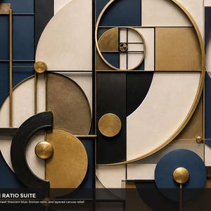 May include: A wall art piece titled GOLDEN RATIO SUITE featuring a geometric composition of layered canvas panels in navy blue, cream, and bronze. The design incorporates a prominent golden spiral, circular accents, and straight lines.