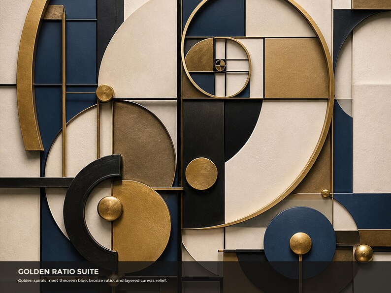 May include: A wall art piece titled GOLDEN RATIO SUITE featuring a geometric composition of layered canvas panels in navy blue, cream, and bronze. The design incorporates a prominent golden spiral, circular accents, and straight lines.