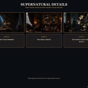 May include: A digital display titled SUPERNATURAL DETAILS featuring three dark, atmospheric scenes labeled SCENE 02 THE VEILED MIRROR, SCENE 16 THE GRIEF CABINET, and SCENE 22 THE WHITE LILIES TURNED BLACK, with the text BRIGHT ART CONCEPTS at the bottom.