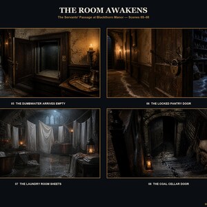 May include: A digital art print titled THE ROOM AWAKENS, The Servants' Passage at Blackthorn Manor, featuring four dark, atmospheric scenes labeled 05 The Dumbwaiter Arrives Empty, 06 The Locked Pantry Door, 07 The Laundry Room Sheets, and 08 The Coal Cellar Door.