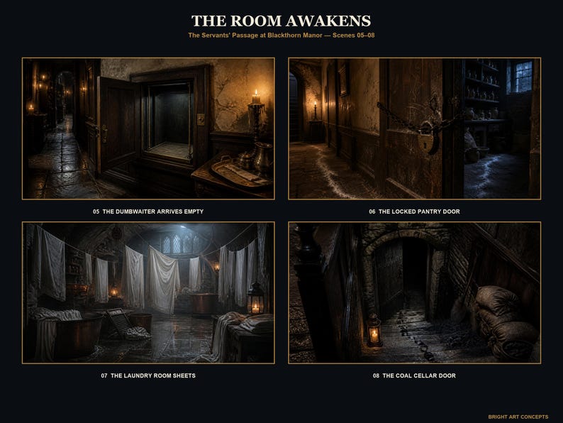 May include: A digital art print titled THE ROOM AWAKENS, The Servants' Passage at Blackthorn Manor, featuring four dark, atmospheric scenes labeled 05 The Dumbwaiter Arrives Empty, 06 The Locked Pantry Door, 07 The Laundry Room Sheets, and 08 The Coal Cellar Door.