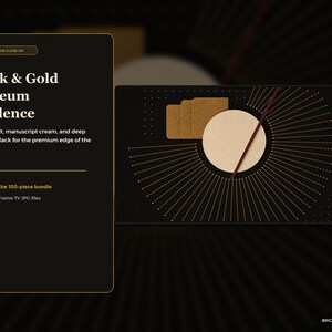 May include: A digital graphic display featuring the text Black & Gold Museum Opulence, Antique gilt, manuscript cream, and deep museum black for the premium edge of the bundle, Included in the 100-piece bundle, and 3840 x 2160 Frame TV JPG files.