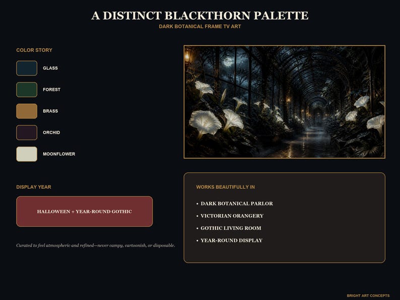 May include: A digital display board titled A DISTINCT BLACKTHORN PALETTE DARK BOTANICAL FRAME TV ART. It features a color palette with glass, forest, brass, orchid, and moonflower swatches, a dark greenhouse illustration, and text regarding display year and room settings.