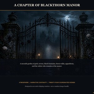 May include: A digital art print titled A CHAPTER OF BLACKTHORN MANOR featuring a dark, ornate iron gate at night under a full moon. Text reads: A moonlit garden of grief, ravens, black fountains, thorn walks, apparitions, and the widow who remains at the manor.