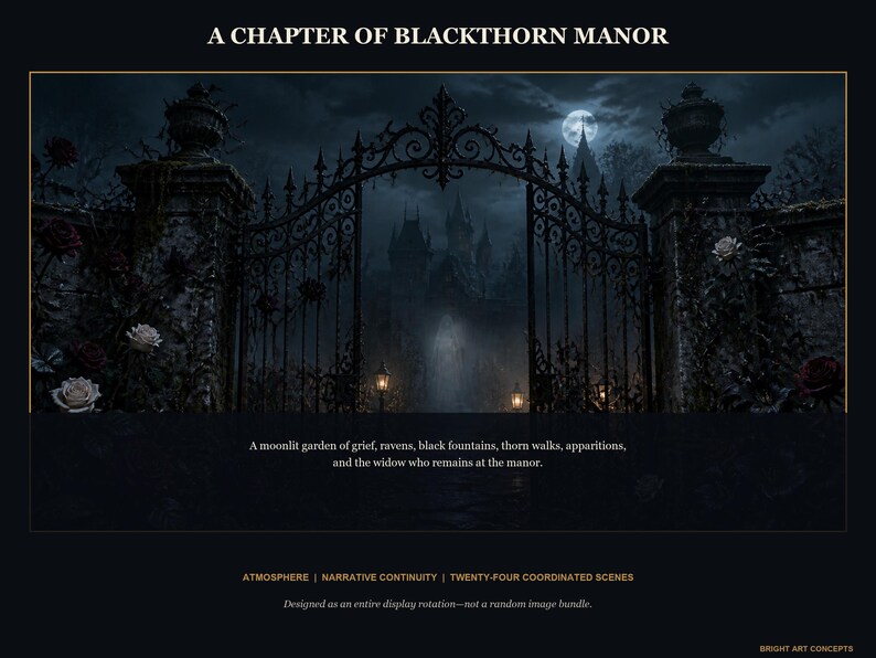 May include: A digital art print titled A CHAPTER OF BLACKTHORN MANOR featuring a dark, ornate iron gate at night under a full moon. Text reads: A moonlit garden of grief, ravens, black fountains, thorn walks, apparitions, and the widow who remains at the manor.