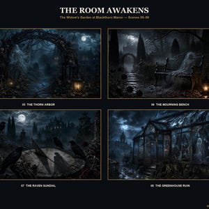 May include: A collection of four dark, atmospheric digital illustrations titled THE ROOM AWAKENS, The Widow's Garden at Blackthorn Manor. Scenes include The Thorn Arbor, The Mourning Bench, The Raven Sundial, and The Greenhouse Ruin, all featuring gothic, moonlit garden settings with ghostly figures and detailed shadows.