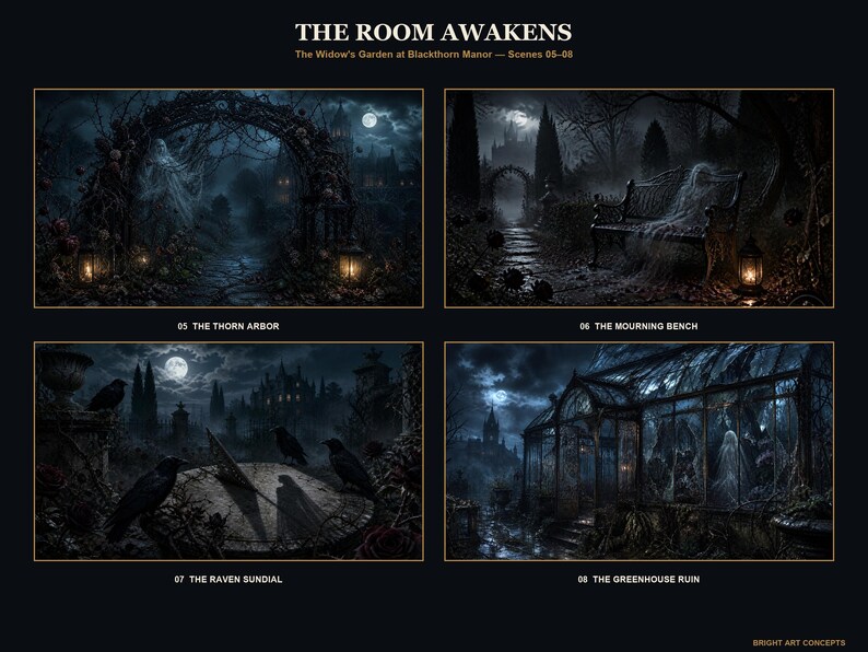 May include: A collection of four dark, atmospheric digital illustrations titled THE ROOM AWAKENS, The Widow's Garden at Blackthorn Manor. Scenes include The Thorn Arbor, The Mourning Bench, The Raven Sundial, and The Greenhouse Ruin, all featuring gothic, moonlit garden settings with ghostly figures and detailed shadows.
