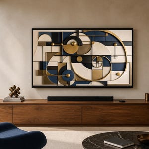 May include: A rectangular wall art piece featuring a geometric composition of cream, navy blue, and metallic gold shapes. The design includes intersecting lines, circles, and a spiral element, all framed within a thin black border on a wall.