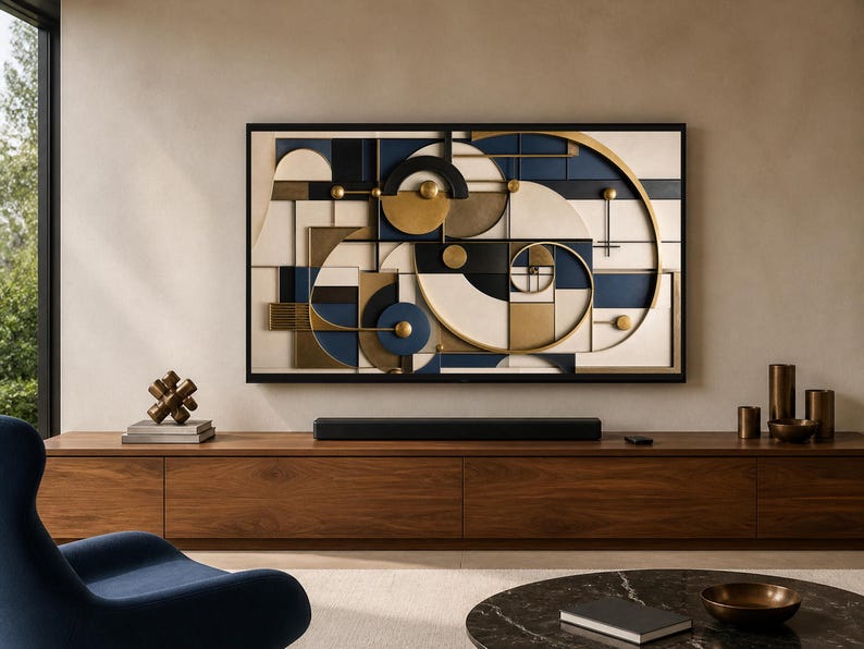 May include: A rectangular wall art piece featuring a geometric composition of cream, navy blue, and metallic gold shapes. The design includes intersecting lines, circles, and a spiral element, all framed within a thin black border on a wall.