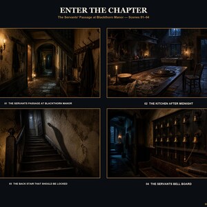May include: A digital art print titled ENTER THE CHAPTER featuring four dark, atmospheric scenes from Blackthorn Manor: a servants' passage, a kitchen after midnight, a back stair with a shadow, and a wall-mounted servants' bell board.