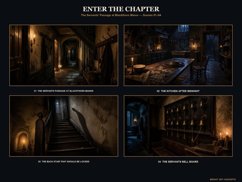 May include: A digital art print titled ENTER THE CHAPTER featuring four dark, atmospheric scenes from Blackthorn Manor: a servants' passage, a kitchen after midnight, a back stair with a shadow, and a wall-mounted servants' bell board.
