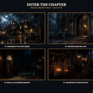 May include: A collection of four dark, atmospheric digital illustrations titled ENTER THE CHAPTER: Midnight at Blackthorn Manor. Scenes depict a gothic manor exterior, an open front door, a tall hall clock, and a portrait-lined staircase.