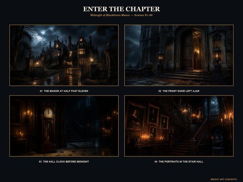 May include: A collection of four dark, atmospheric digital illustrations titled ENTER THE CHAPTER: Midnight at Blackthorn Manor. Scenes depict a gothic manor exterior, an open front door, a tall hall clock, and a portrait-lined staircase.
