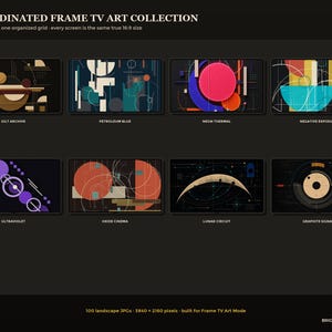 May include: A coordinated frame TV art collection featuring eight digital landscape images in a 16:9 grid. The designs include Gilt Archive, Petroleum Blue, Neon Thermal, Negative Exposure, Ultraviolet, Oxide Cinema, Lunar Circuit, and Graphite Signal.