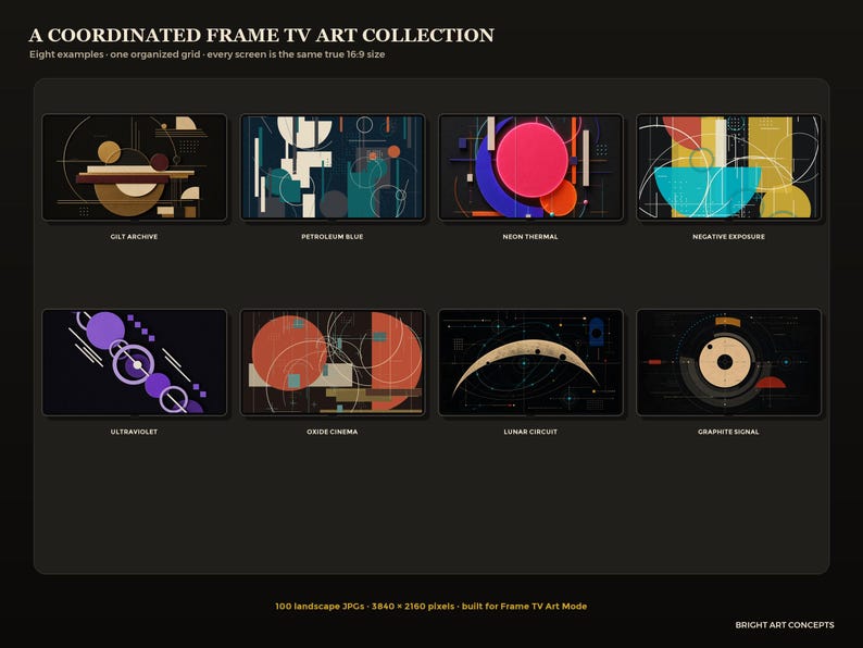 May include: A coordinated frame TV art collection featuring eight digital landscape images in a 16:9 grid. The designs include Gilt Archive, Petroleum Blue, Neon Thermal, Negative Exposure, Ultraviolet, Oxide Cinema, Lunar Circuit, and Graphite Signal.