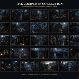 May include: A collection of 24 numbered dark, atmospheric scenes titled THE COMPLETE COLLECTION, 24 numbered scenes &mdash; one connected Blackthorn chapter. The grid displays various gothic landscapes, including cemeteries, stone arches, and fountains.