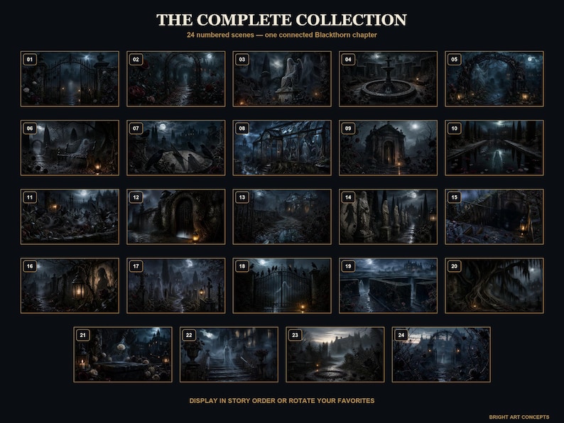 May include: A collection of 24 numbered dark, atmospheric scenes titled THE COMPLETE COLLECTION, 24 numbered scenes &mdash; one connected Blackthorn chapter. The grid displays various gothic landscapes, including cemeteries, stone arches, and fountains.