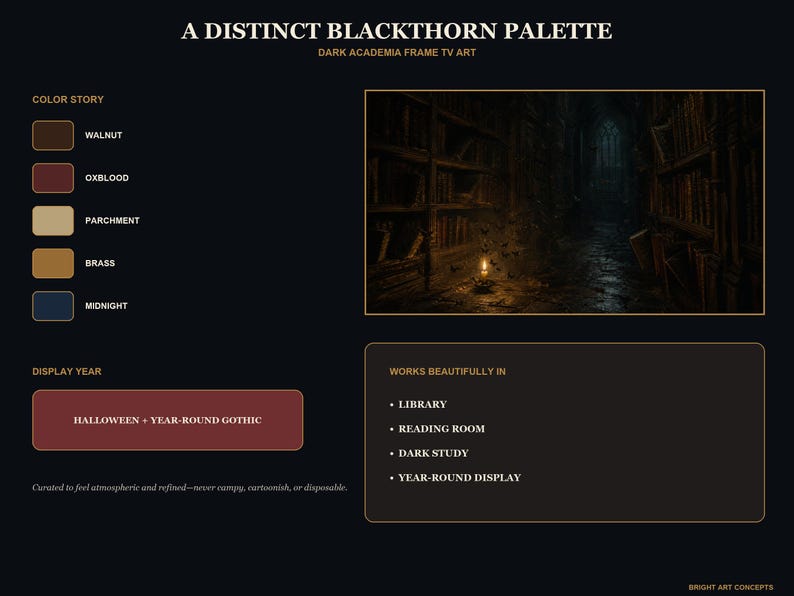 May include: A digital display graphic titled A DISTINCT BLACKTHORN PALETTE featuring a dark library scene with a single candle, a color swatch list including walnut, oxblood, parchment, brass, and midnight, and text listing display year and room options.