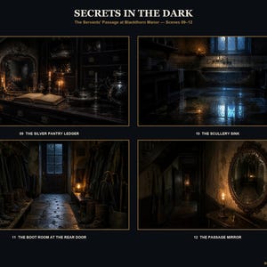 May include: A digital art print titled SECRETS IN THE DARK featuring four dark, atmospheric scenes from Blackthorn Manor: The Silver Pantry Ledger, The Scullery Sink, The Boot Room at the Rear Door, and The Passage Mirror, all set in dim lighting.