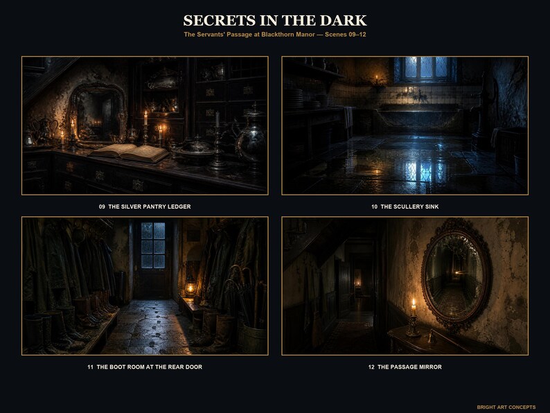 May include: A digital art print titled SECRETS IN THE DARK featuring four dark, atmospheric scenes from Blackthorn Manor: The Silver Pantry Ledger, The Scullery Sink, The Boot Room at the Rear Door, and The Passage Mirror, all set in dim lighting.