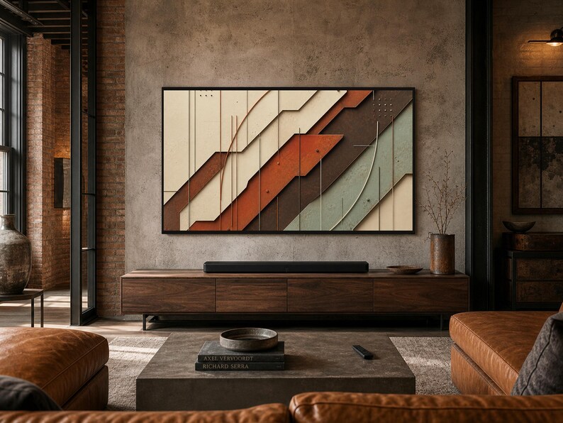 May include: A rectangular wall art piece featuring layered geometric panels in shades of cream, rust orange, dark brown, and sage green, accented with thin vertical lines. The artwork is framed in black and mounted above a long wooden media console.
