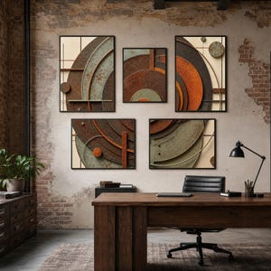 May include: A set of five framed wall art pieces featuring abstract geometric compositions of overlapping circles and straight lines in shades of rust orange, muted green, and dark charcoal, set against a light cream background.