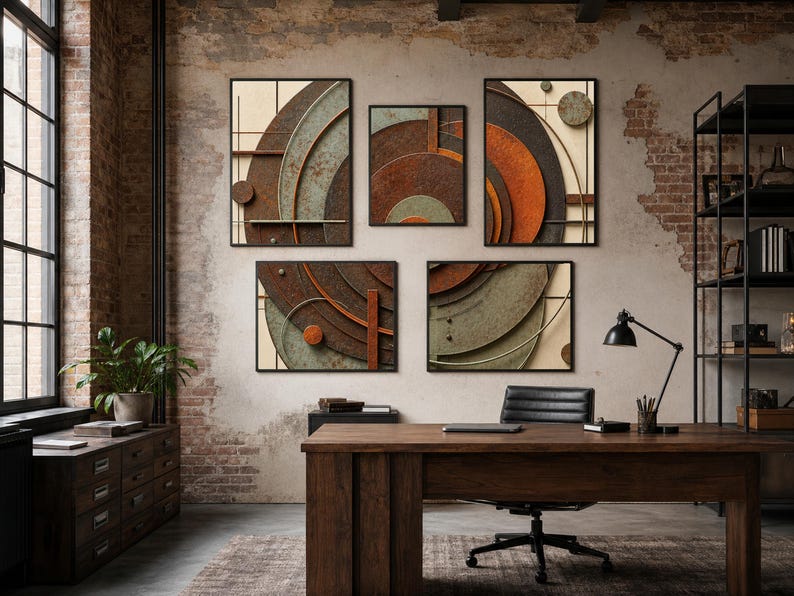May include: A set of five framed wall art pieces featuring abstract geometric compositions of overlapping circles and straight lines in shades of rust orange, muted green, and dark charcoal, set against a light cream background.