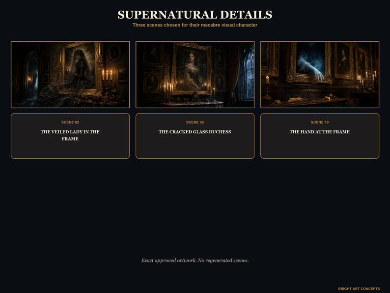 May include: A digital display titled SUPERNATURAL DETAILS featuring three framed scenes: THE VEILED LADY IN THE FRAME, THE CRACKED GLASS DUCHESS, and THE HAND AT THE FRAME. Each scene depicts dark, atmospheric imagery with gold-toned ornate frames.