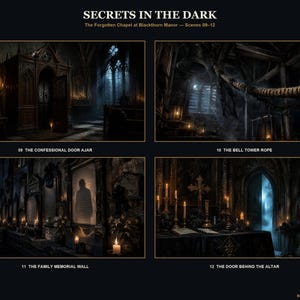 May include: A digital art print titled SECRETS IN THE DARK The Forgotten Chapel at Blackthorn Manor Scenes 09-12. It features four dark, gothic interior scenes: a confessional, a bell tower rope, a memorial wall, and an altar with a glowing door.