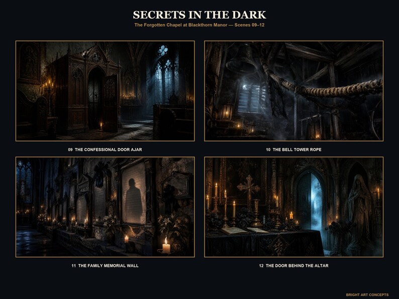 May include: A digital art print titled SECRETS IN THE DARK The Forgotten Chapel at Blackthorn Manor Scenes 09-12. It features four dark, gothic interior scenes: a confessional, a bell tower rope, a memorial wall, and an altar with a glowing door.