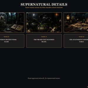 May include: A digital display titled SUPERNATURAL DETAILS featuring three dark, atmospheric scenes: THE POISON ORCHID UNDER GLASS, THE ORCHID THAT BLOOMED BLACK, and THE ANATOMISTS CONSERVATORY TABLE, each with descriptive text and labels on a black background.