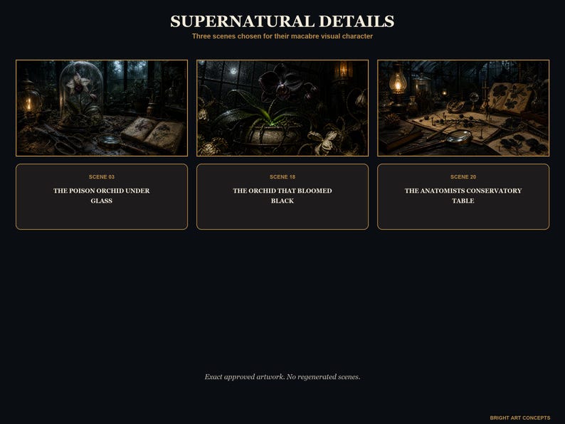 May include: A digital display titled SUPERNATURAL DETAILS featuring three dark, atmospheric scenes: THE POISON ORCHID UNDER GLASS, THE ORCHID THAT BLOOMED BLACK, and THE ANATOMISTS CONSERVATORY TABLE, each with descriptive text and labels on a black background.
