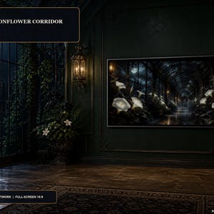 May include: A framed rectangular wall art piece titled THE MOONFLOWER CORRIDOR, SCENE 11, depicting a dark, arched greenhouse pathway illuminated by glowing white moonflowers under a night sky. The artwork is displayed on a dark green wall.