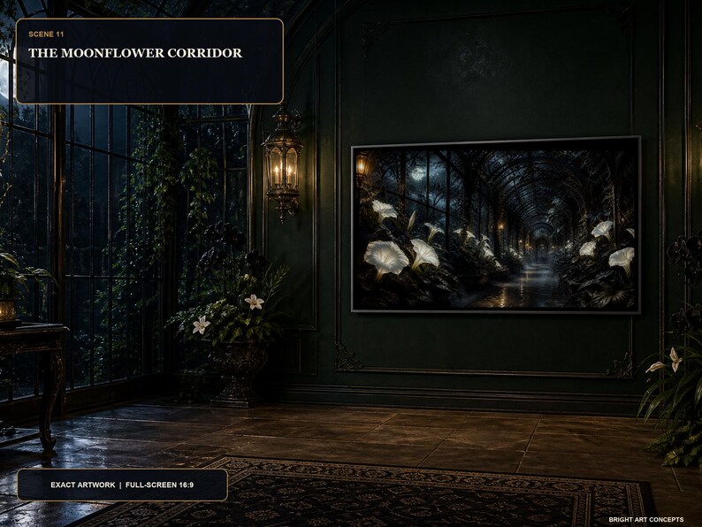May include: A framed rectangular wall art piece titled THE MOONFLOWER CORRIDOR, SCENE 11, depicting a dark, arched greenhouse pathway illuminated by glowing white moonflowers under a night sky. The artwork is displayed on a dark green wall.