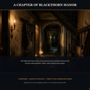 May include: A digital art print titled A CHAPTER OF BLACKTHORN MANOR featuring a dimly lit, rustic hallway with stone walls, a wall-mounted candle sconce, and coat hooks. Text below describes hidden life below stairs, service corridors, and cellars.