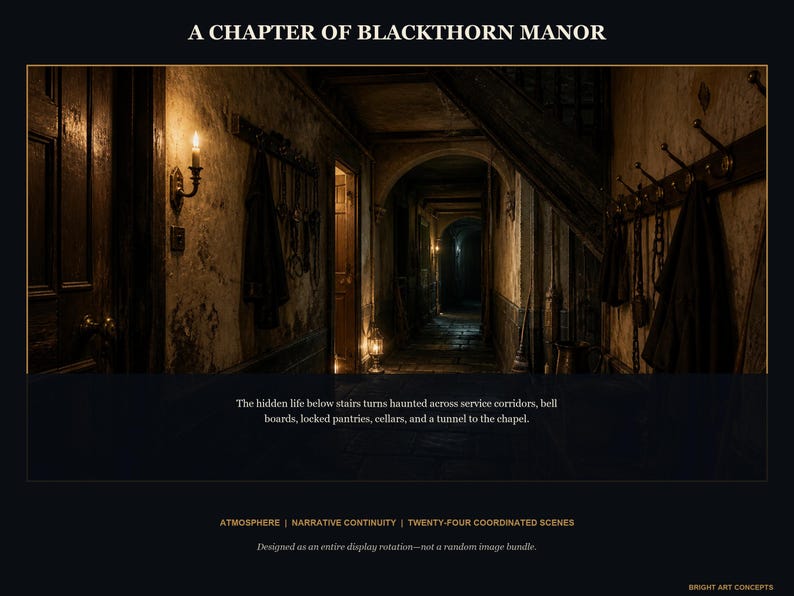 May include: A digital art print titled A CHAPTER OF BLACKTHORN MANOR featuring a dimly lit, rustic hallway with stone walls, a wall-mounted candle sconce, and coat hooks. Text below describes hidden life below stairs, service corridors, and cellars.
