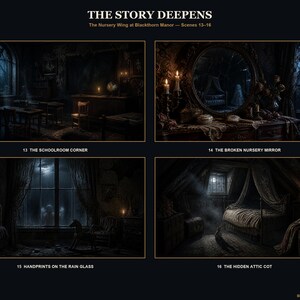 May include: A four-panel digital art print titled THE STORY DEEPENS, The Nursery Wing at Blackthorn Manor &mdash; Scenes 13-16. Panels depict a dark schoolroom, a broken nursery mirror, handprints on rain-streaked glass, and a hidden attic cot.