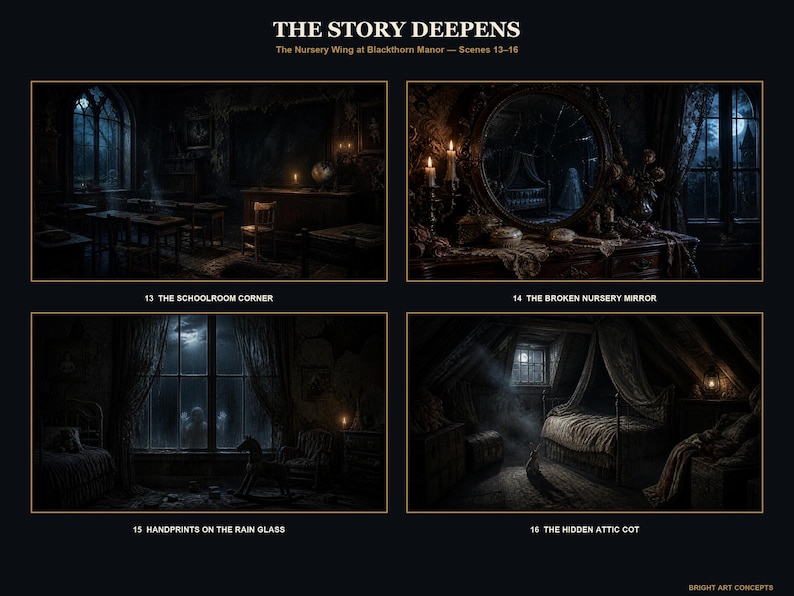 May include: A four-panel digital art print titled THE STORY DEEPENS, The Nursery Wing at Blackthorn Manor &mdash; Scenes 13-16. Panels depict a dark schoolroom, a broken nursery mirror, handprints on rain-streaked glass, and a hidden attic cot.