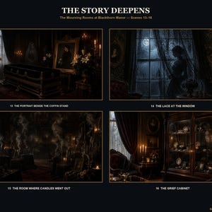 May include: A digital art print titled THE STORY DEEPENS, The Mourning Rooms at Blackthorn Manor &mdash; Scenes 13&ndash;16. It features four dark, atmospheric scenes: 13 THE PORTRAIT BESIDE THE COFFIN STAND, 14 THE LACE AT THE WINDOW, 15 THE ROOM WHERE CANDLES WENT OUT, and 16 THE GRIEF CABINET.