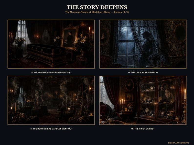 May include: A digital art print titled THE STORY DEEPENS, The Mourning Rooms at Blackthorn Manor &mdash; Scenes 13&ndash;16. It features four dark, atmospheric scenes: 13 THE PORTRAIT BESIDE THE COFFIN STAND, 14 THE LACE AT THE WINDOW, 15 THE ROOM WHERE CANDLES WENT OUT, and 16 THE GRIEF CABINET.