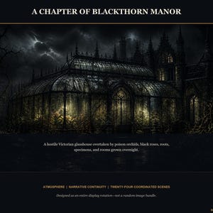 May include: A digital art print titled A CHAPTER OF BLACKTHORN MANOR featuring a Victorian glasshouse at night, overgrown with poison orchids, black roses, and roots. The text describes rooms grown overnight, atmosphere, and twenty-four coordinated scenes.