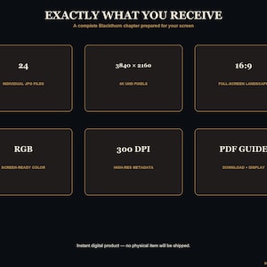 May include: A digital product information graphic with a black background and gold text. It lists specifications including 24 individual JPG files, 3840 x 2160 4K UHD pixels, 16:9 full-screen landscape, RGB screen-ready color, 300 DPI, and a PDF guide.