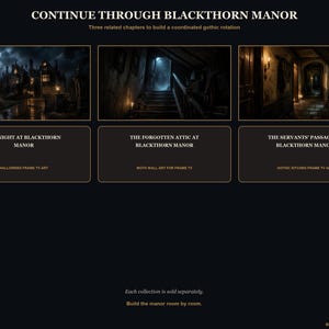 May include: A digital display featuring three rectangular images titled CONTINUE THROUGH BLACKTHORN MANOR. The images show a dark mansion exterior, a dimly lit staircase, and a narrow hallway. Text labels include MIDNIGHT AT BLACKTHORN MANOR, THE FORGOTTEN ATTIC AT BLACKTHORN MANOR, and THE SERVANTS' PASSAGE AT BLACKTHORN MANOR.