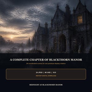 May include: A digital collection titled A COMPLETE CHAPTER OF BLACKTHORN MANOR featuring 24 coordinated scenes. The image displays a dark stone mansion at dusk with a glowing window, text reading 24 JPGS | 4K UHD | 16:9, and MIDNIGHT AT BLACKTHORN MANOR.