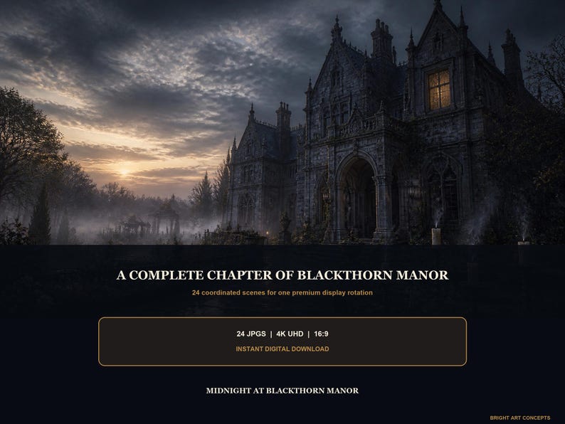 May include: A digital collection titled A COMPLETE CHAPTER OF BLACKTHORN MANOR featuring 24 coordinated scenes. The image displays a dark stone mansion at dusk with a glowing window, text reading 24 JPGS | 4K UHD | 16:9, and MIDNIGHT AT BLACKTHORN MANOR.