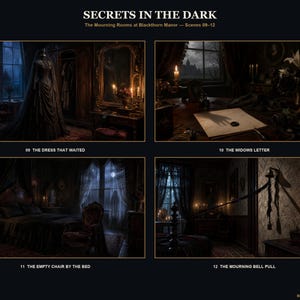 May include: A digital art print titled SECRETS IN THE DARK featuring four scenes from The Mourning Rooms at Blackthorn Manor: 09 THE DRESS THAT WAITED, 10 THE WIDOWS LETTER, 11 THE EMPTY CHAIR BY THE BED, and 12 THE MOURNING BELL PULL by BRIGHT ART CONCEPTS.
